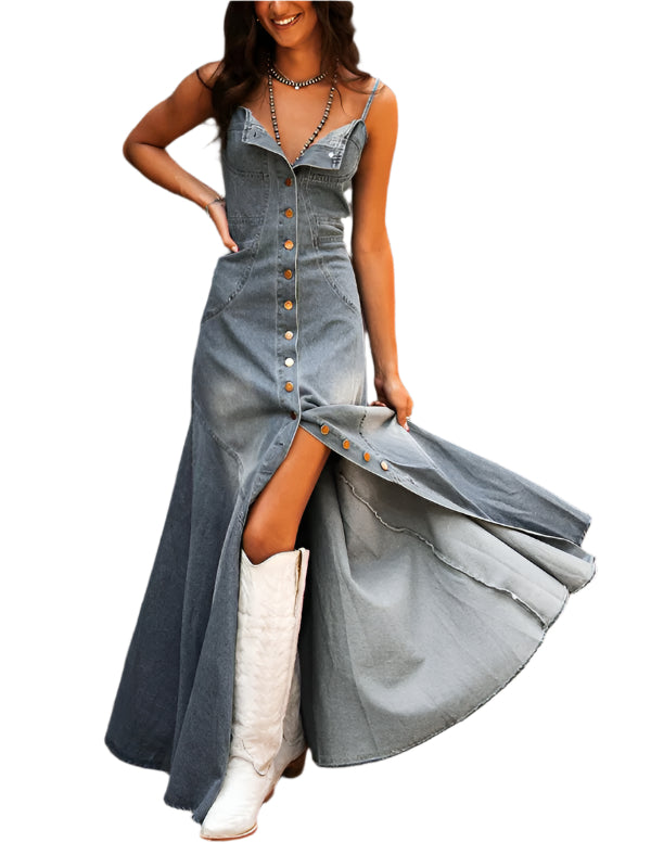 TEEK - Cotton Denim Distressed Sleeveless Buttoned Long Swing Dress DRESS TEEK K Blue Grey S