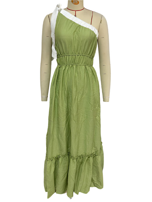 TEEK - Pale Green White Trim One-Shoulder Dress DRESS TEEK K