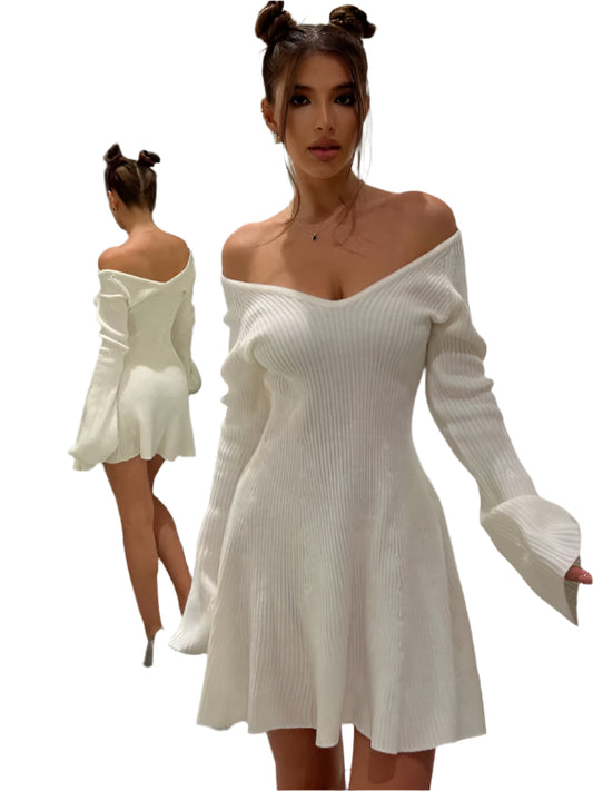TEEK - Wide V-Neck Long-Sleeved Knitted Dress DRESS TEEK K White S