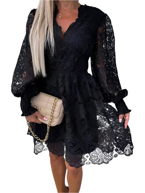 TEEK - V-Neck Lace Dainty Sleeves Dress DRESS TEEK K Black S