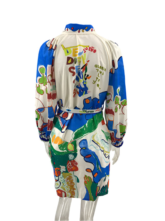 TEEK - Blue Linen Printed Button-Up Belted Shirt Dress DRESS TEEK K