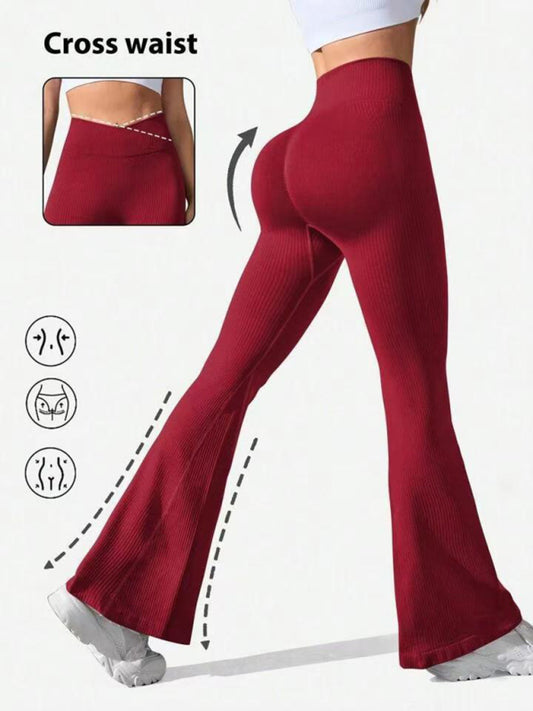 TEEK - Cross Waist Threaded Flared Seamless Yoga Pants PANTS TEEK K Wine Red S