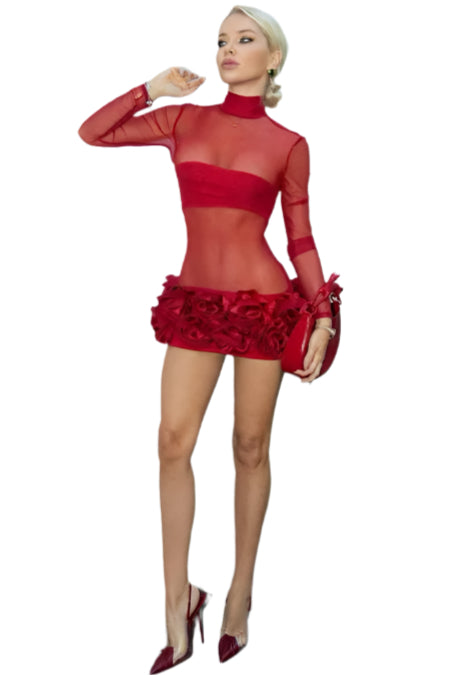 TEEK - Red Mesh Flower Bud Skirt Mini Red Dress DRESS TEEK K