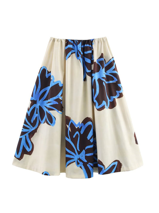 TEEK - Off White Blue Floral Printed Wide Hem Skirt SKIRT TEEK K