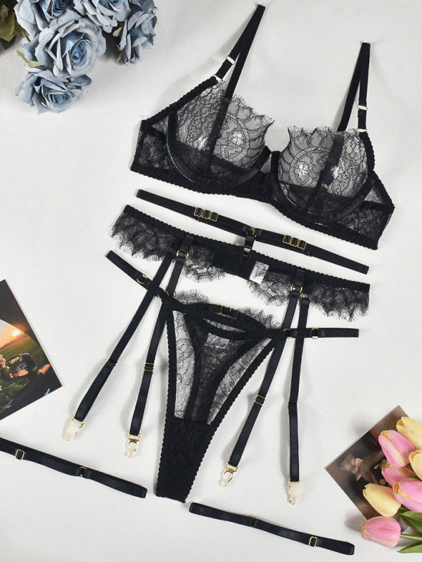 TEEK - 3PC Eyelash Lace Thong Lingerie Set LINGERIE TEEK K Black S