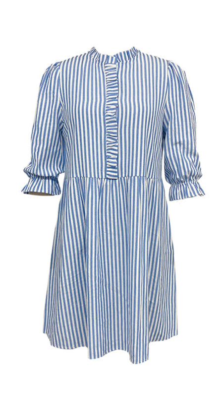 TEEK - Blue Puff Sleeve Stand Collar Striped Dress DRESS TEEK K