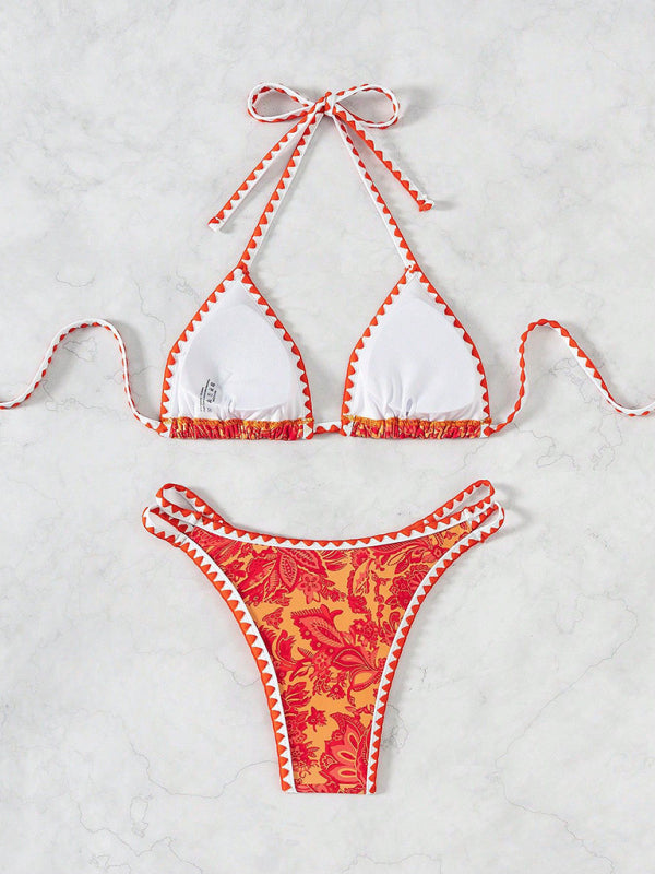 TEEK - Orange Printed Halter Neck Bikini SWIMWEAR TEEK K