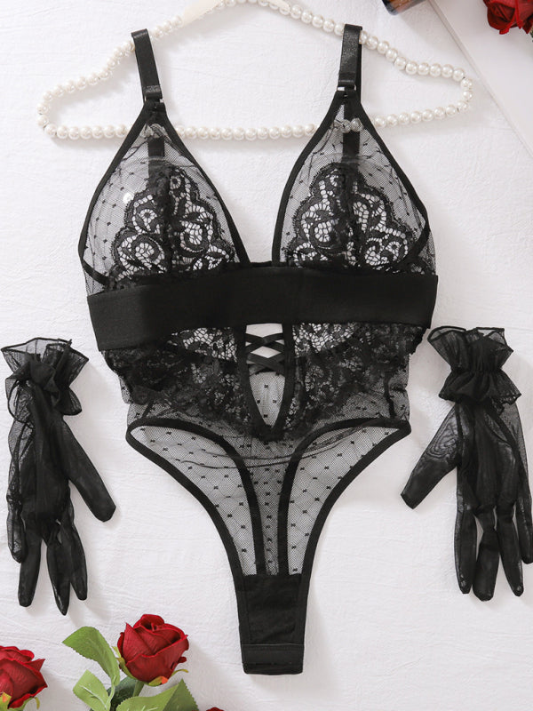 TEEK - Black Polka Dot Mesh Lace Low-Cut Wireless Bodysuit Set LINGERIE TEEK K