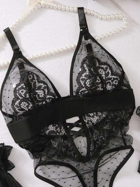 TEEK - Black Polka Dot Mesh Lace Low-Cut Wireless Bodysuit Set LINGERIE TEEK K