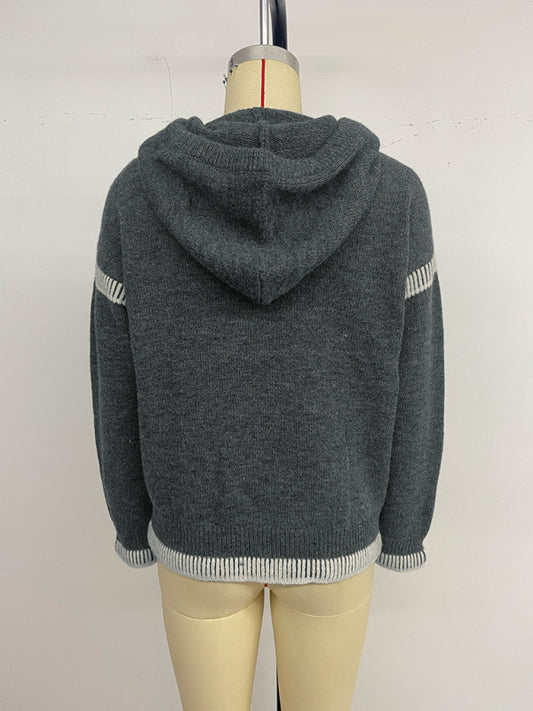 TEEK - V-Neck Hooded Dark Grey Contrasting Trim Sweater TOPS TEEK K