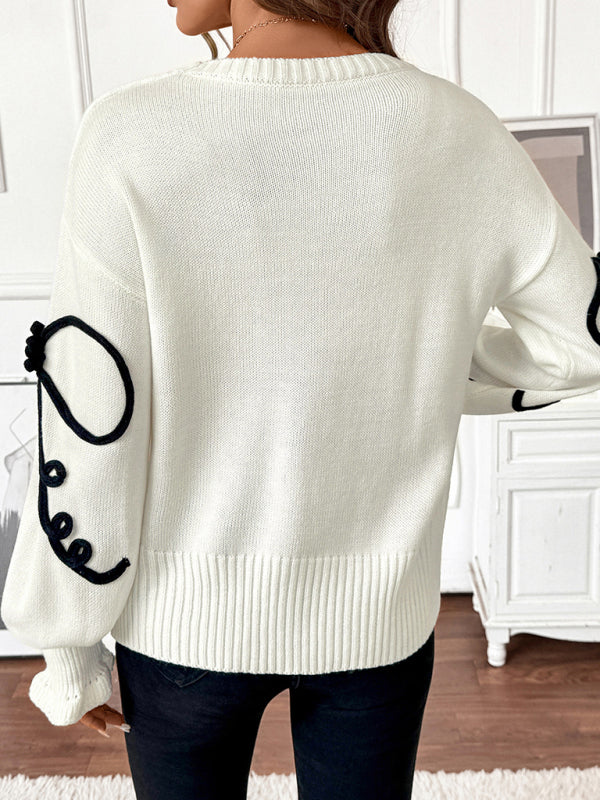 TEEK - White Loose Bow Decorated Round Neck Sweater TOPS TEEK K