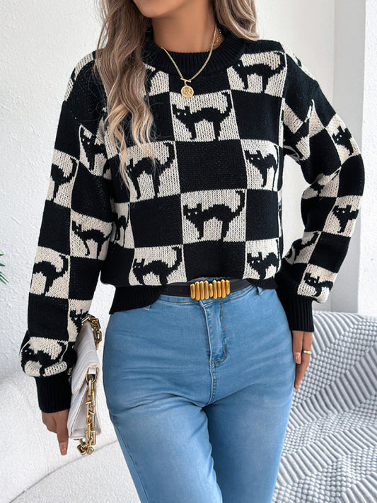 TEEK - Black Halloween Plaid Cat Long Sleeve Pullover Sweater TOPS TEEK K