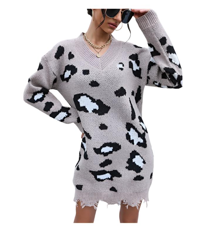 TEEK - Khaki Knit V-Neck Shabby Leopard Sweater Dress DRESS TEEK K S