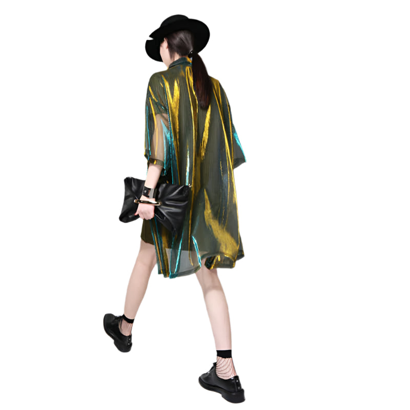 TEEK - Reece Sheer Shimmer Shirt Dress - Gold Green DRESS TEEK MS One Size