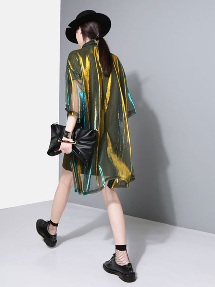 TEEK - Reece Sheer Shimmer Shirt Dress - Gold Green DRESS TEEK MS
