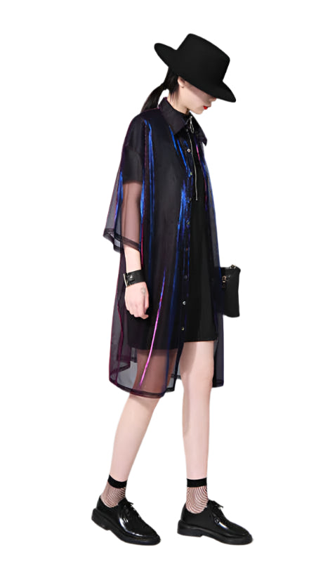 TEEK - Reece Sheer Shimmer Shirt Dress - Rose Red Blue DRESS TEEK MS