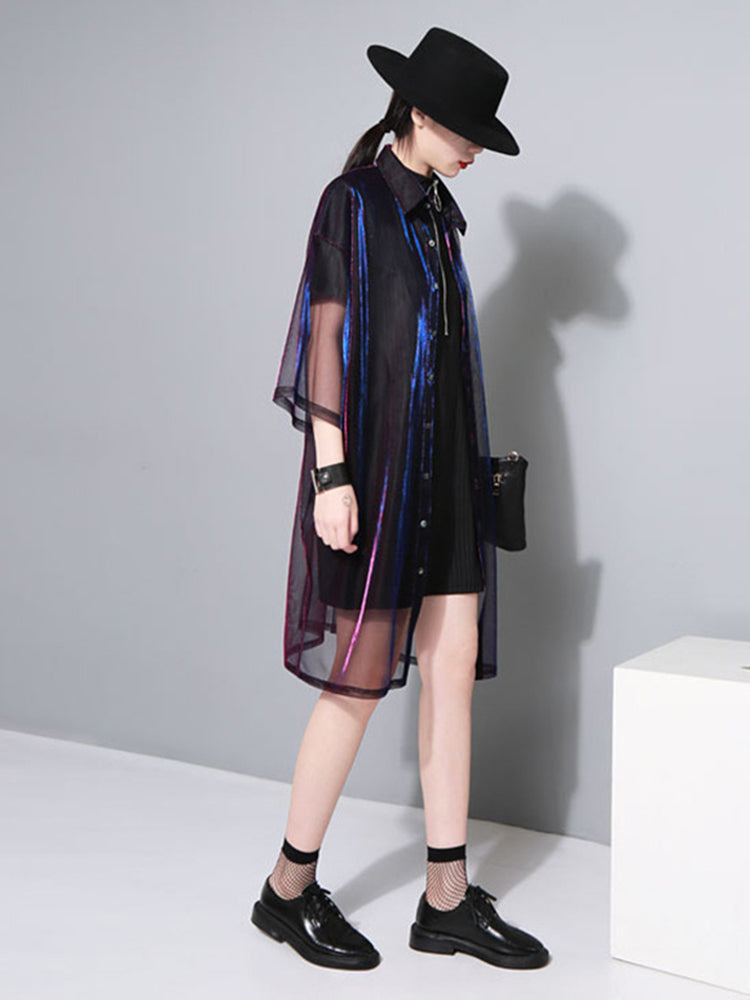 TEEK - Reece Sheer Shimmer Shirt Dress - Rose Red Blue DRESS TEEK MS