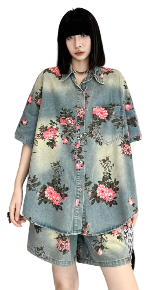 TEEK - Rosette Rose Denim Shirt TOPS TEEK MS M