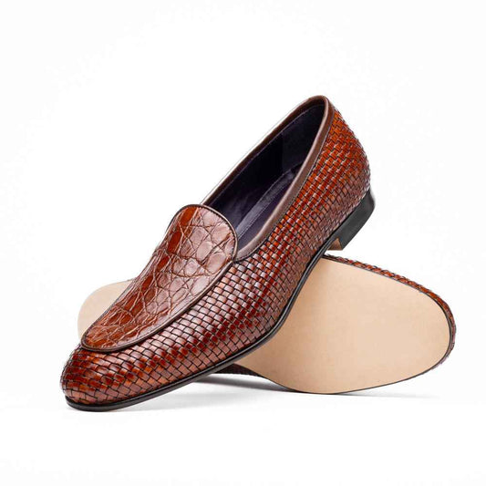 11-620-CGN PALIO Genuine Crocodile and Calfskin Basketweave Slip On, Cognac Shop Zelli Italia