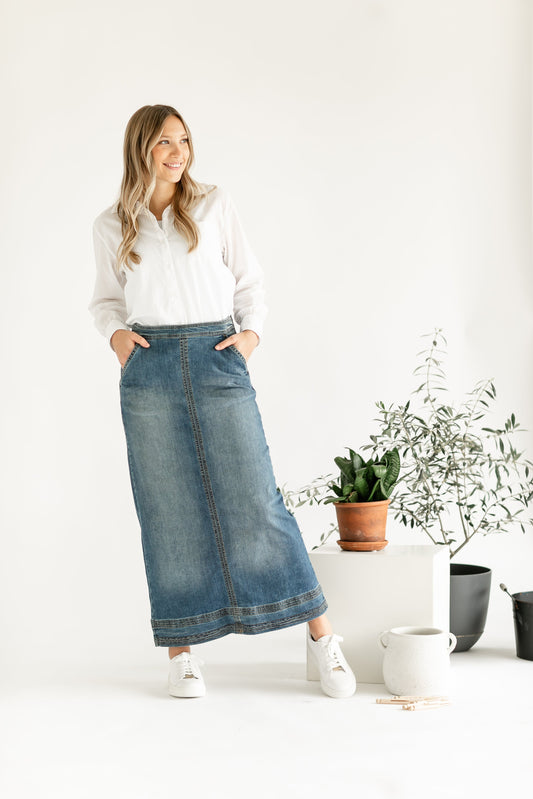 TEEK - Sutton Side Zip A-line Denim Maxi Skirt SKIRT TEEK INH