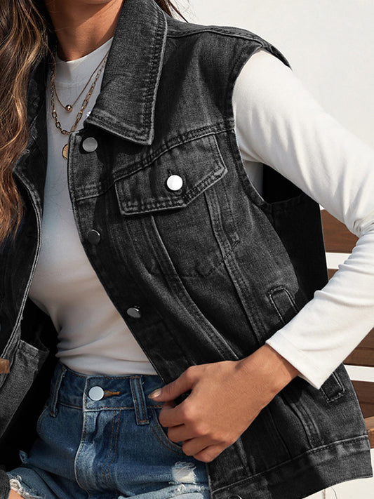 TEEK - Collared Neck Sleeveless Denim Jacket JACKET TEEK Trend