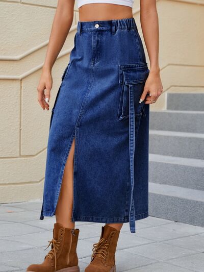 TEEK - Slit Pocketed High Waist Denim Skirt TEEK Trend
