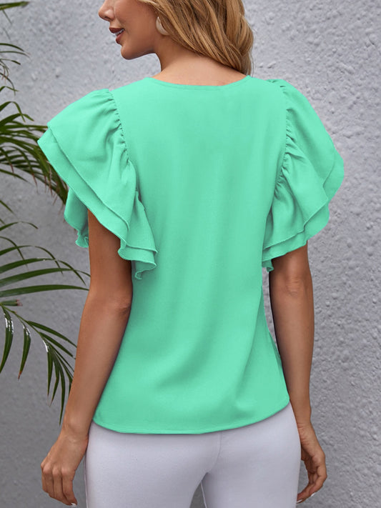 TEEK - Round Neck Ruffle Flounce Sleeve Blouse TOPS TEEK Trend