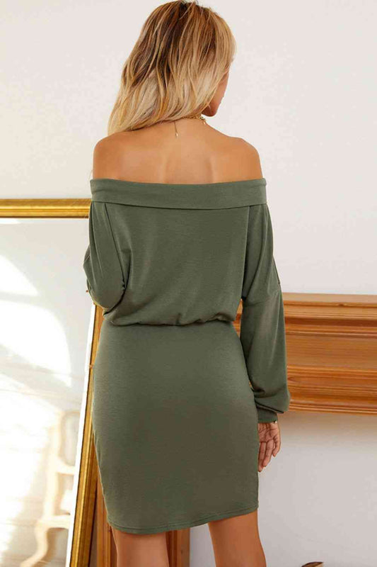 TEEK - Army Green Off-Shoulder Long Sleeve Dress DRESS TEEK Trend