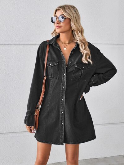 TEEK - Pocketed Button Mini Denim Dress DRESS TEEK Trend Black S