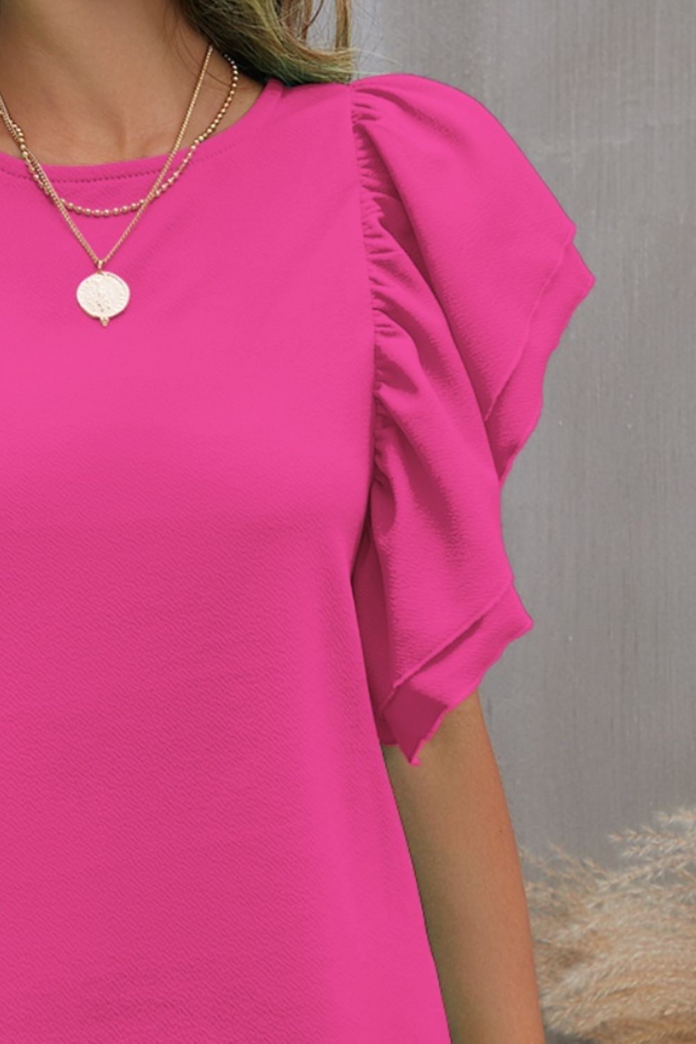 TEEK - Round Neck Ruffle Flounce Sleeve Blouse TOPS TEEK Trend