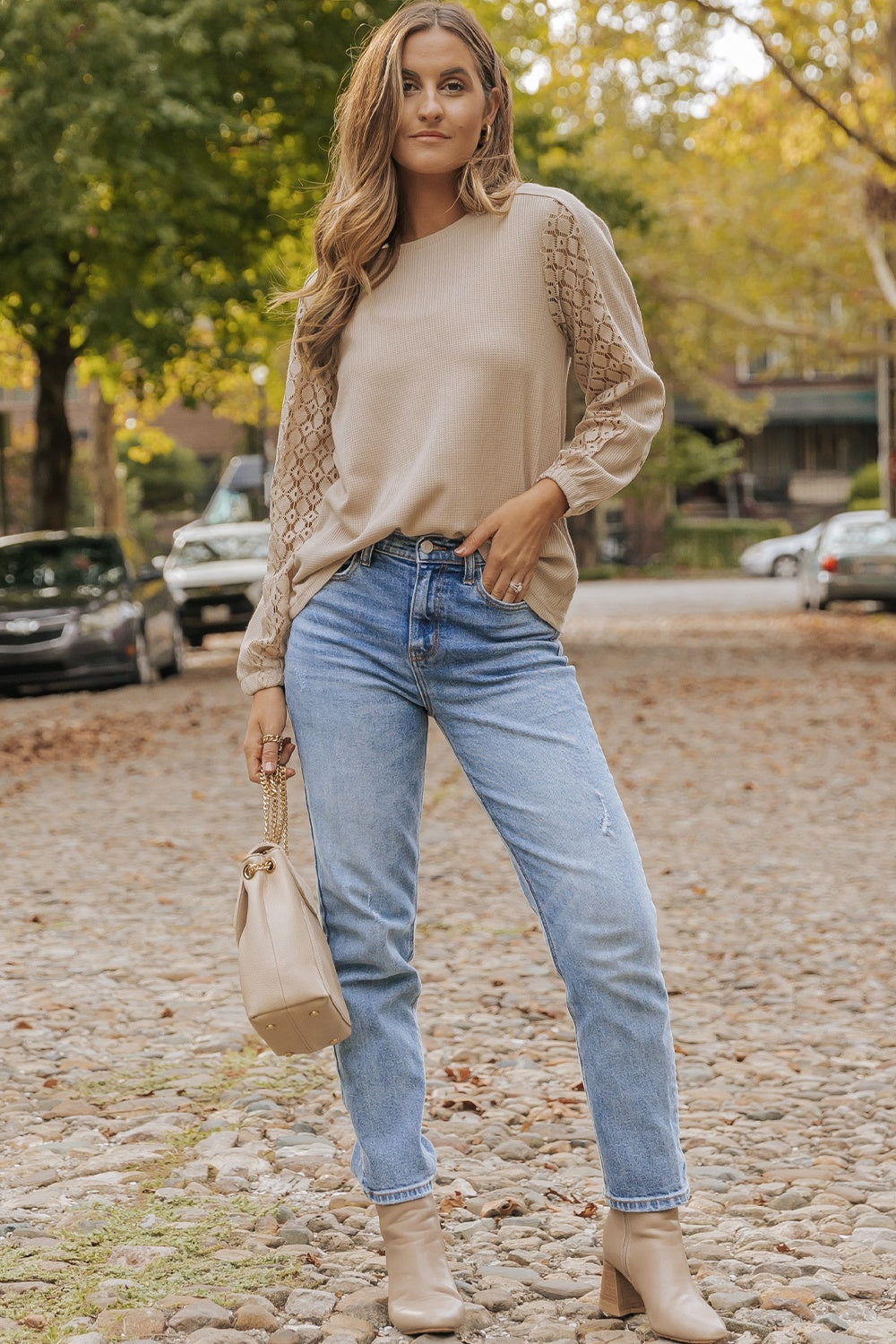 TEEK - Khaki Waffle-Knit Long Sleeve Blouse TOPS TEEK Trend