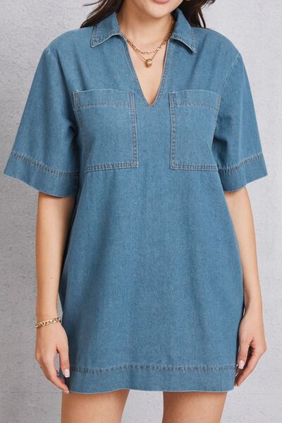 TEEK - Pocketed Collared Mini Denim Dress DRESS TEEK Trend