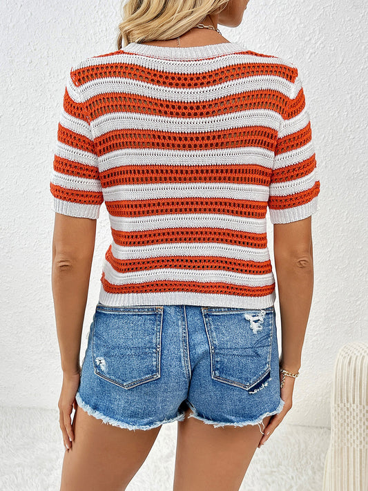 TEEK - Mesh Striped Short Sleeve Knit Top TOPS TEEK Trend