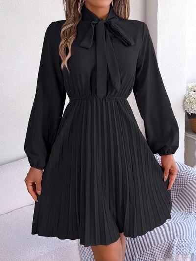 TEEK - Tie Neck Balloon Sleeve Pleated Dress DRESS TEEK Trend Black S