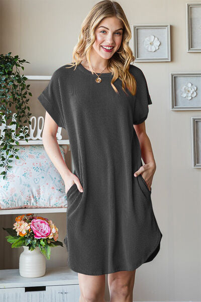 TEEK - Charcoal Ribbed Round Neck Short Sleeve Tee Dress DRESS TEEK Trend
