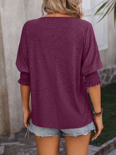 TEEK - Heathered Notched Lantern Sleeve Blouse TOPS TEEK Trend