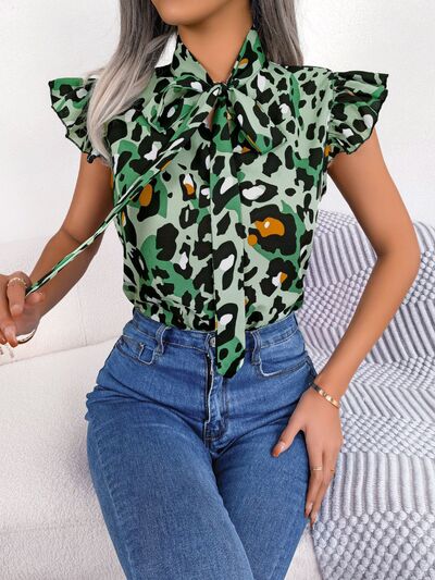 TEEK - Leopard Tie Cap Sleeve Blouse TOPS TEEK Trend