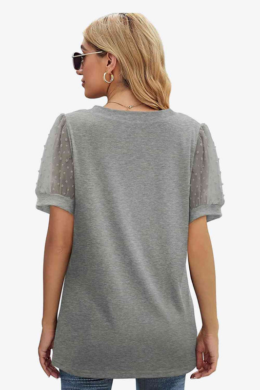 TEEK - Swiss Dot Puff Sleeve V-Neck Tee TOPS TEEK Trend