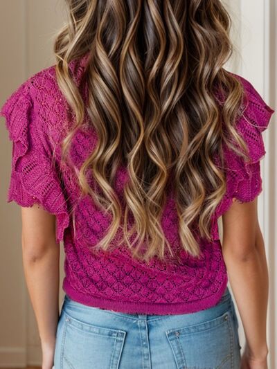 TEEK - Fuchsia Eyelet Ruffle Trim Sweater TOPS TEEK Trend