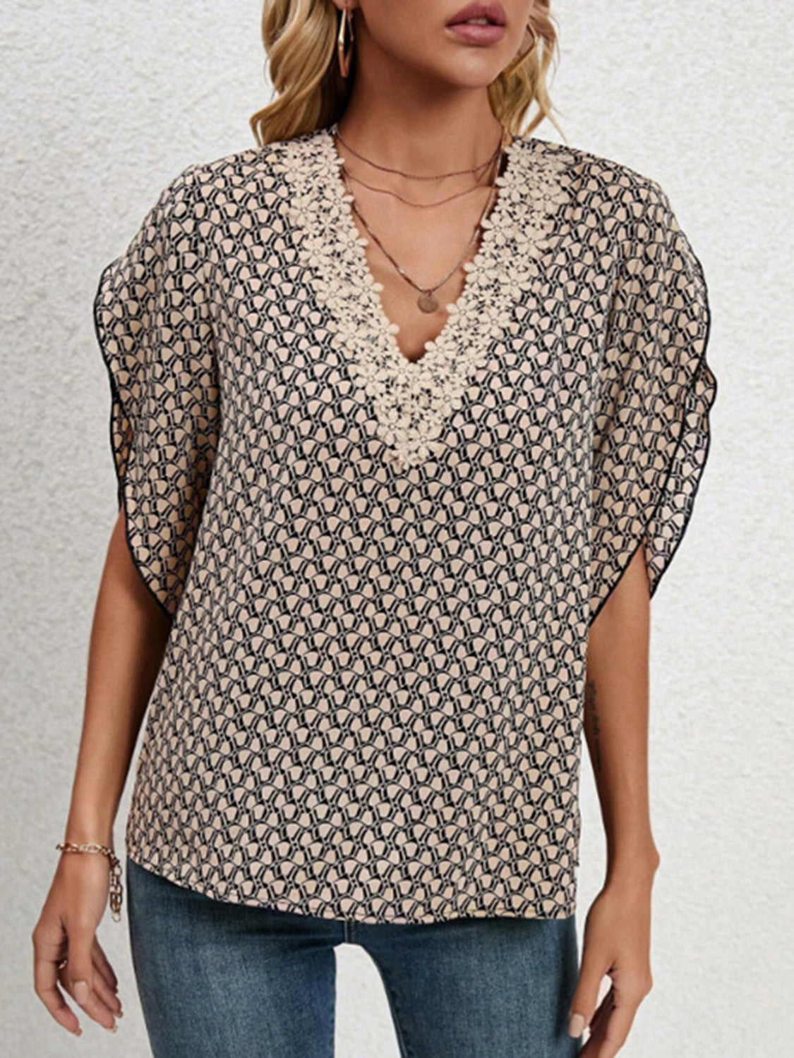 TEEK - Tan Lace Detail V-Neck Half Sleeve Blouse TOPS TEEK Trend