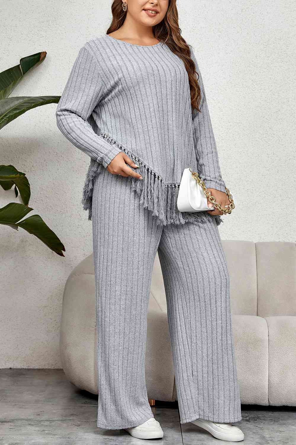 TEEK - Cloudy Blue Plus Size Tassel Hem Top and Pants Set SET TEEK Trend