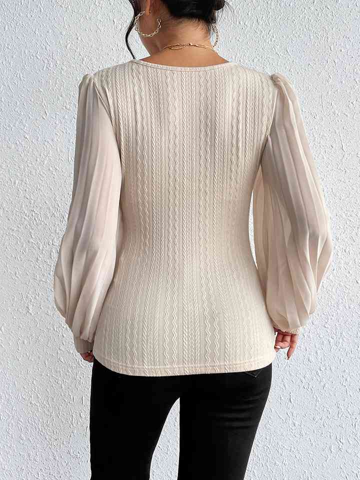 TEEK - Cream Pleated Puff Sleeve Round Neck Blouse TOPS TEEK Trend