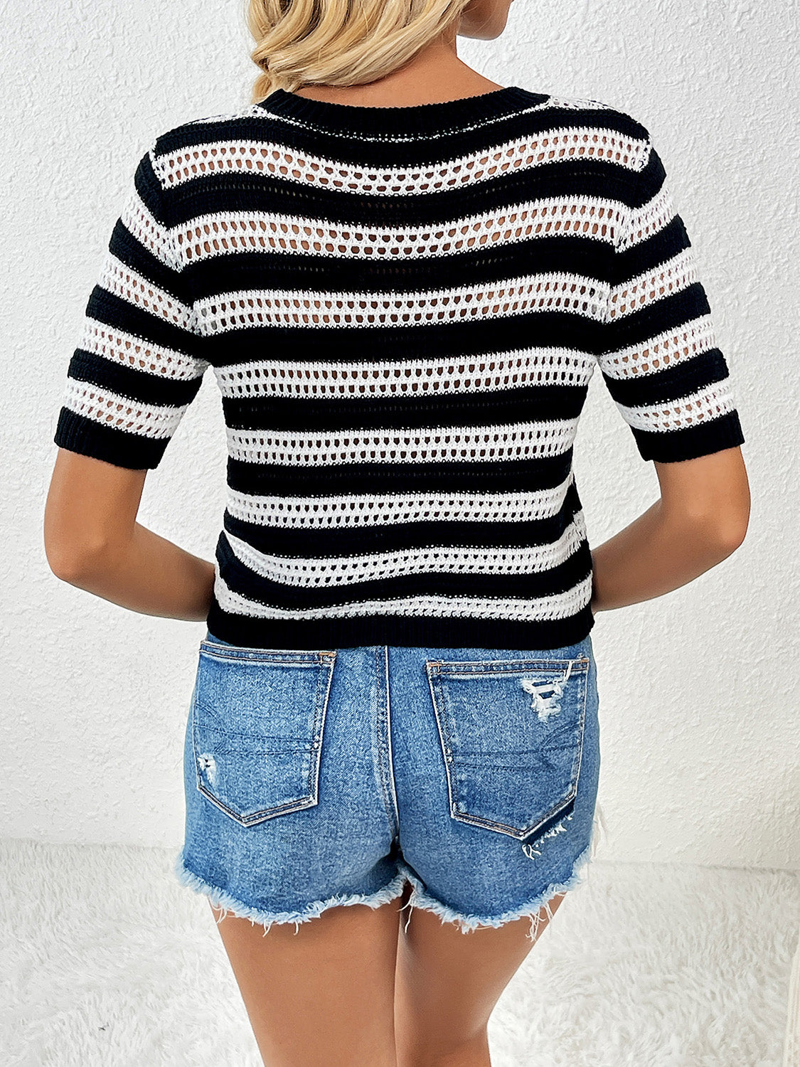 TEEK - Mesh Striped Short Sleeve Knit Top TOPS TEEK Trend