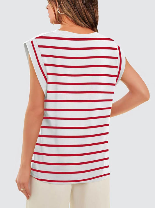 TEEK - Striped Round Neck Cap Sleeve Top TOPS TEEK Trend