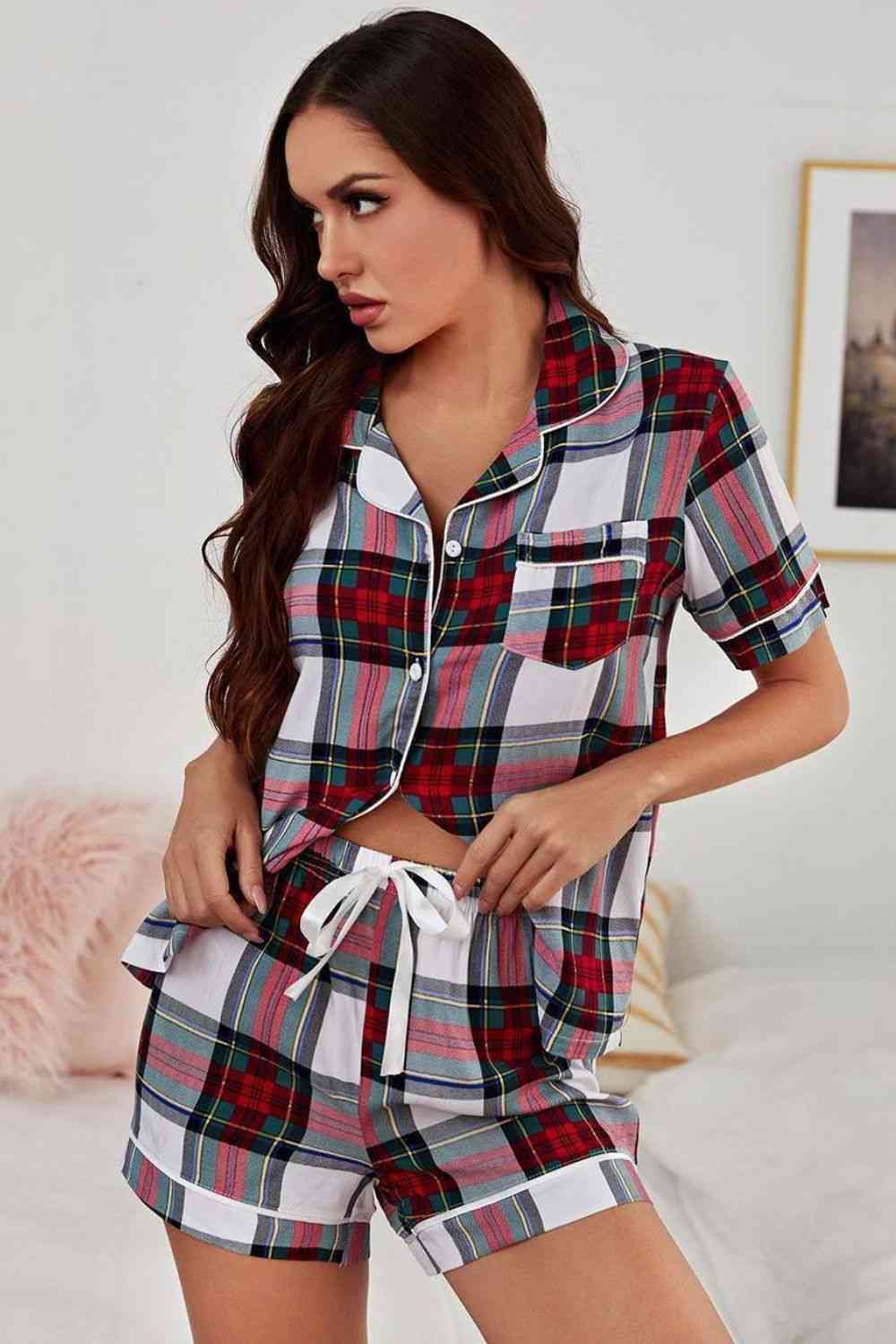 TEEK - Plaid Collared Short Sleeve Two-Piece Lounge Set SET TEEK Trend