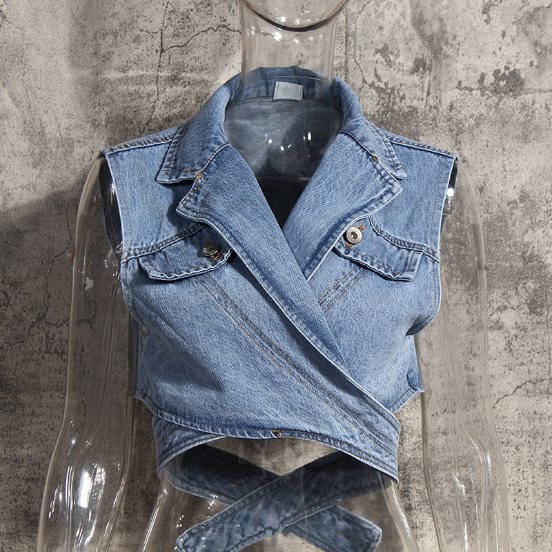 TEEK - Crossed Cropped Denim Top TOPS theteekdotcom