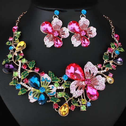 TEEK - Color Crystal Flower Necklace Earring Set JEWELRY theteekdotcom