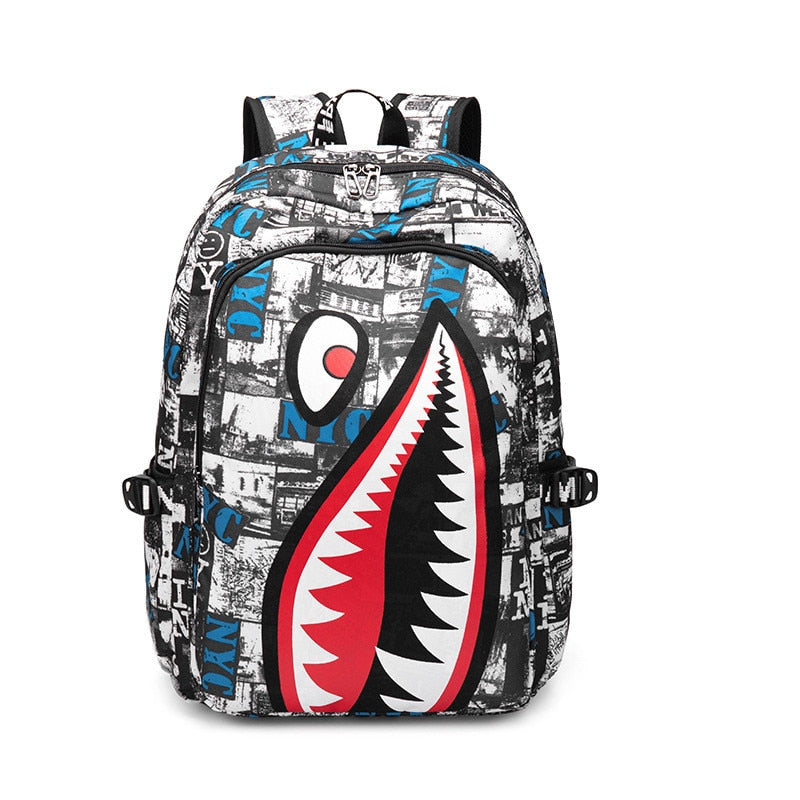 TEEK - Shark Print Backpack BAG theteekdotcom Grey-No USB