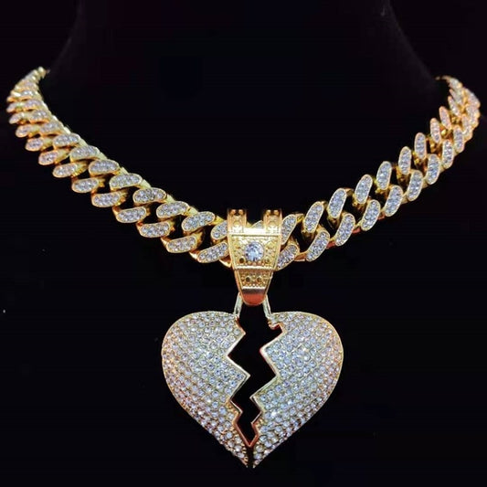 TEEK - Bling Broken Heart Cuban Chain Necklace JEWELRY theteekdotcom Gold b 16inch