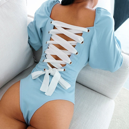 TEEK - Lace Up Bodysuit TOPS theteekdotcom Light Blue LongSleeve S